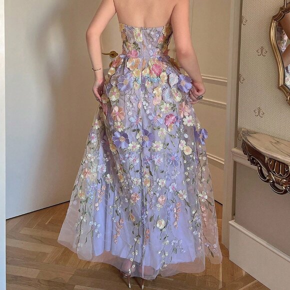 Mauve Purple Elegant Women's Embroidered Tulle Waist Cinching Sleeveless Dress - Picture 2 of 6